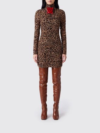 Blumarine Animal-Print Jersey Sheath Mini Dress with High Neck and Flower Appliqu&eacute;