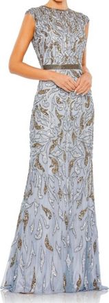 Mac Duggal Embellished Illusion Cap Sleeve Column Gown In Platinum Gold