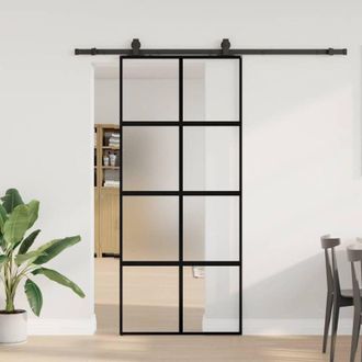 vidaXL Puerta Corredera Con Herrajes Negro 90x205 Cm Vidrio Templado Vidaxl