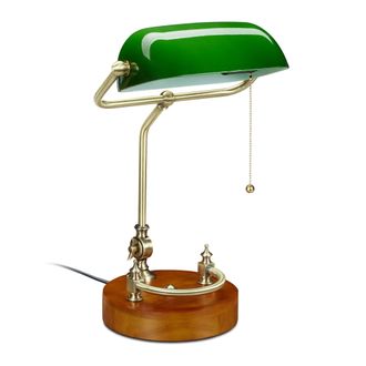 Relaxdays L&aacute;mpara Banquero Retro, Interruptor Cadena, Tulipa Inclinable, Base Madera, Luz Escritorio Oficina, E27, Verde - Relaxdays