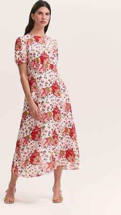 Finery Lili Short Sleeve Midi Tea Dress in Coral Floral at Nordstrom, Size 12