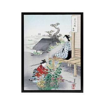 Artery8 Caring For The Chrysanthemums Framed Canvas Wall Art Print Ogata Gekko in Green | Size: W24 x H32