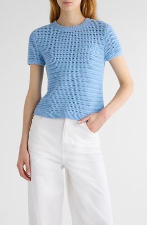 Chloé Open Knit Short Sleeve Organic Cotton Sweater in Softy Blue at Nordstrom, Size Medium