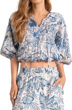 Elan Puff Sleeve Crop Top In Blue Leafy Flower