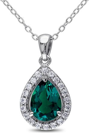 Mimi & Max Womens 1 1/2ct TGW Created Emerald and Created White Sapphire Teardrop Halo Pendant with Chain in Sterling Silver