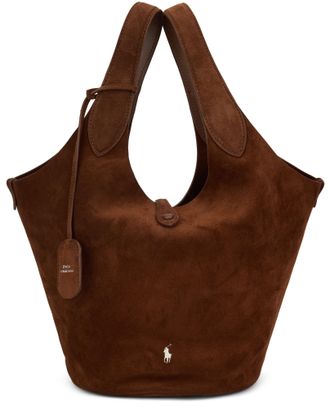 Polo Ralph Lauren Womens Tote Bag Suede Leather Brown Calfskin