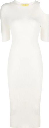 &Aacute;eron Beige Geribbelde Cut-Out Midi Jurk - Dames - Kleedjes - Wit - L - Kleedjes
