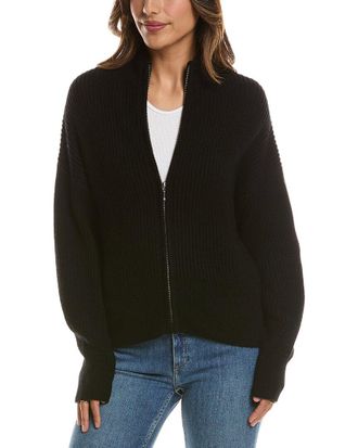 Fort&eacute; Cashmere Rib Zip Mock Neck 100% Cashmere Cardigan