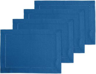 Solino Home Linen Placemats Set of 4, 14 x 19 Inch for Dining Table, Holiday and Everyday Table Decor - Classic Hemstitch in Indigo Blue at