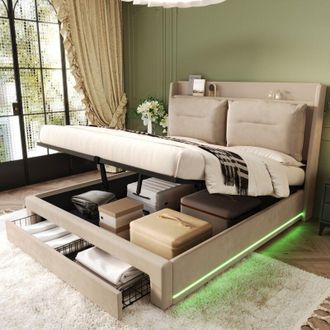 C&A Beige Velvet Upholstered Double Bed 135190 with Hydraulic Storage,LED Strips&Slatted Frame