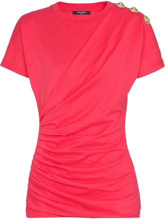 Balmain Geplooide T-shirt met knopen - Dames - T-shirts - Roze - M - Katoen - Tops