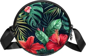 Generic Circle Crossbody Bag for Women, Boho Flowers Leaves Small Sling Bag Daypack with Zipper Adjustable Shoulder Straps Casual Ladies Girls Round Purse