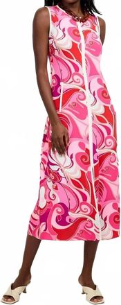 Trina Turk Crewneck Midi Dress In Pink Print Georgette