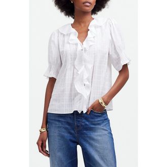 Madewell Windowpane Plaid Ruffle Puff Sleeve Top in White at Nordstrom Rack, Size X-Small