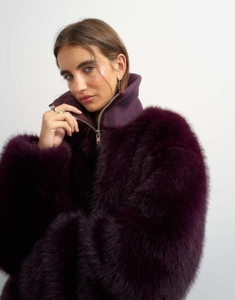 Topshop giacca in pelliccia sintetica con collo a imbuto color melanzana-Viola