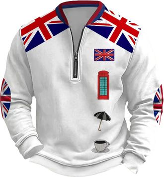 Generic Mens Union Jack Sweatshirt 1/4 Zip Long Sleeve Jumpers Bunting Flags Print Great Britain Pullover Winter Warm Tops Plus Size (B9-White, XXL)