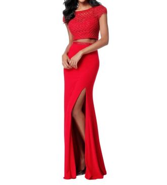 Sherri Hill Two-Piece Cross-Stitch Prom Dress In Red