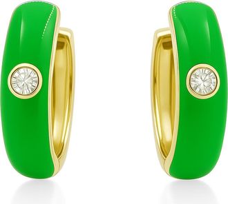 House of Frosted Gemstone & Enamel Huggie Hoop Earrings in 14K Yg/Green Enamel/wht Topaz at Nordstrom Rack
