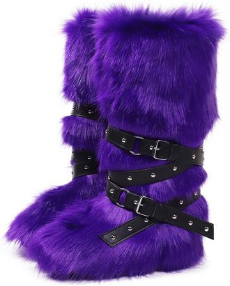 Generic Womens Winter Knee High Boots Fluffy Faux Fur Boots With Thick Fleece Lining Cozy Snow Boots Available In Plus Sizes(Purple2,5.5)