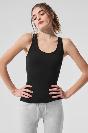 Alo | Ribbed Mesh Secret Tank Top in Black, Size: XS