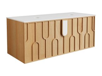 Vente-Unique Mueble de ba&ntilde;o suspendido texturizado con encimera de piedra sinterizada mate - Natural claro - An. 120 cm - MERKAN