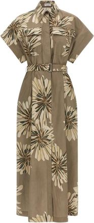 Brunello Cucinelli Lange Jurk in Bloemige Poplin - Dames - Casual kleedjes - Groen - S - Katoen - Kleedjes