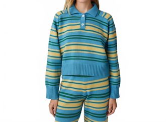 Calle Del Mar Paper Stripe Cashmere Polo Sweater In Lake/multi