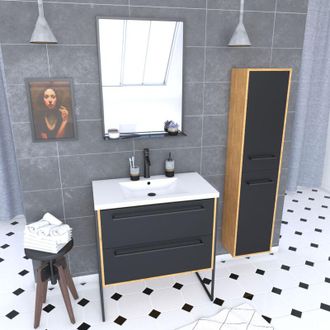 Aurlane Aurlane - Mobile da bagno 80x50 cm - lavabo bianco 80x50 cm - cassetti nero opaco + colonna + specchio