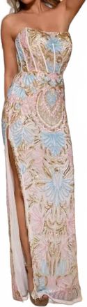 Rachel Allan Fringe Slit Strapless Corset Dress In White/blue/pink