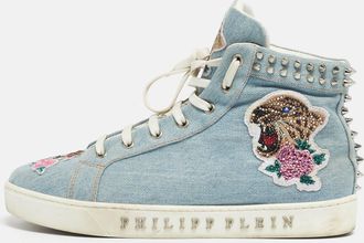 Philipp Plein Philipp Plein Blue Denim Studded High Top Sneakers