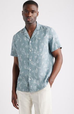 Nordstrom Botanical Print Linen Camp Shirt in Blue Spruce Stamped Leaves at Nordstrom, Size Xxx-Large