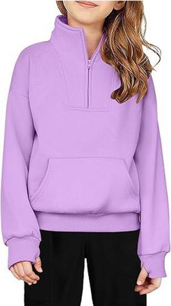 Generic Youth Girls Half Zip Sweatshirt with Thumb Hole Fleece Quarter Zip Cropped Pullover Sweatshirts for Teen Girls Plain Crop Top with Pocket Casual Schoo