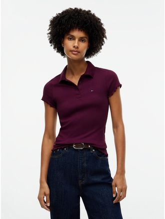 Tommy Hilfiger Womens Tommy Jeans Short-Sleeve Lettuce-Trim Polo - Calypso Berry - L