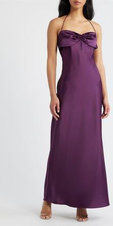 Princess Polly Fireproof Ruched Halter Satin Gown in Plum at Nordstrom, Size 10