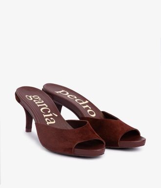 Pedro Garcia Burgundy midi heel slide in brown suede | Welch| Spring Summer 26 |