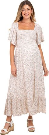 Pinkblush Ditsy Floral Smocked Midi Dress in Cream at Nordstrom, Size Medium