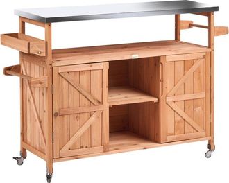 Beliani Cocina De Jard&iacute;n De Madera De Abeto Isla De Cocina Exterior Con Ruedas 2 Puertas Estantes Abiertos 128 X 47 X 85 Cm Encimera De Acero Marr&oacute;n Scanno