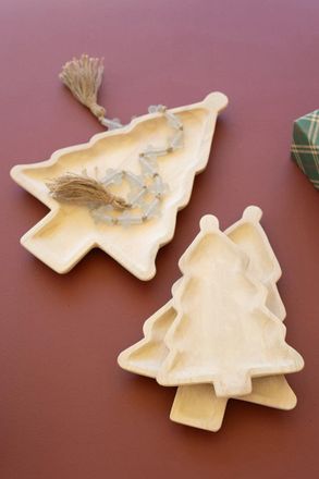Kalalou Set Of Three Carved Wood Christmas Tree Platters