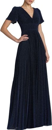 Mac Duggal Pleated Metallic Flutter Sleeve A Line Gown in Midnight at Nordstrom, Size 18