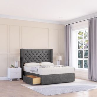 Sloomy Dior Plush Wingback Bed Set, 2 Drawers & 54 Floor Standing Headboard in Dark Grey | Size: King