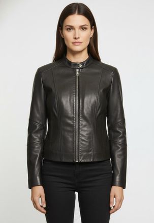 Boss Orange by Hugo Boss Lederjacke BOSS ORANGE Saleste Premium Damenmode, Damen, Gr. 34, schwarz (schwarz 001), Obermaterial: 100% Lammleder, unifarben, regular fit, mit Reis