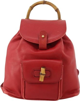 Gucci Vintage Bamboo Leather Red Leather Backpack Bag (Pre-Owned)
