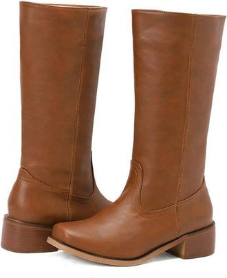 Generic Womens Closed Round Toe PU Leather Long Boots Chunky Heel Retro Boots Pull on Mid-Calf Boots,Reddish Brown,3.5 UK