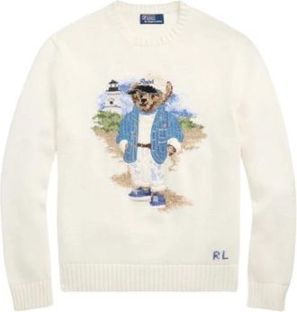 Polo Ralph Lauren Intarsia Cotton Polo Bear Trui - Heren - Ronde hals truien - Beige - L - Katoen - Truien & Vesten
