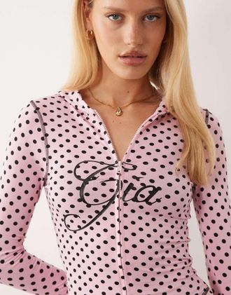 I.AM.GIA Blare - Felpa con cappuccio e zip rosa e nera a pois con cuciture e logo a contrasto in coordinato
