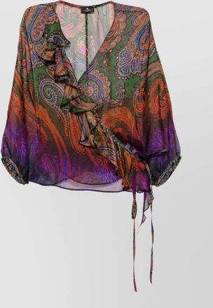 Etro silk paisley-print wrap ruffled v-neck short-sleeve blouse