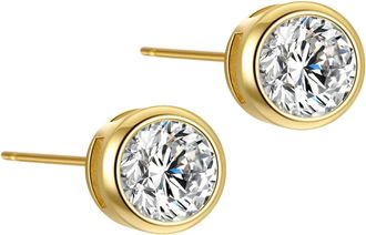Generic 1 Gold Bubble Earrings Womens Encrusted Zircon Round Single Diamond Plated Gold Earrings Simple Unisex Silver Jewelry Stone Stud Post Earrings (Gold, 