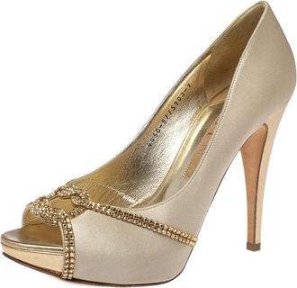 Gina Beige Satin Crystal Embellished Peep Toe Pumps