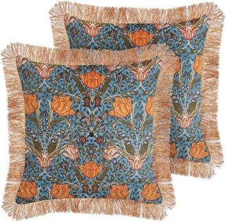 Beliani Set of 2 Decorative Cushions MITELLA Velvet 45 x 45 cm Blue Floral Pattern