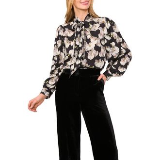 Ted Baker Floral Tie Neck Button-Up Shirt in Rich Black at Nordstrom Rack, Size Medium